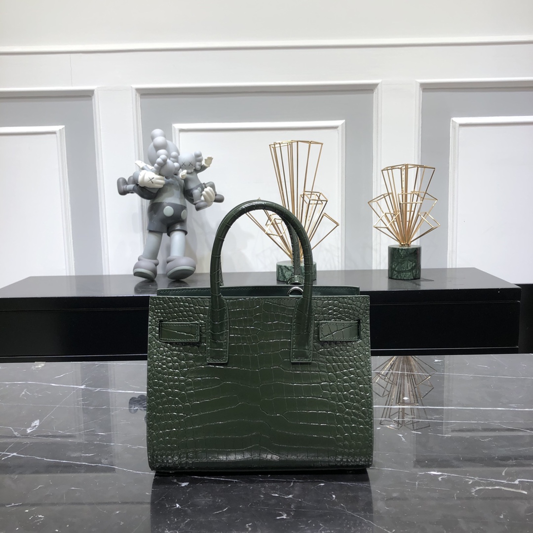 Saint Laurent Sac De Jour Nano Crocodile Embossed Calfskin Handbag Shoulder Bag Green 392035 Silver